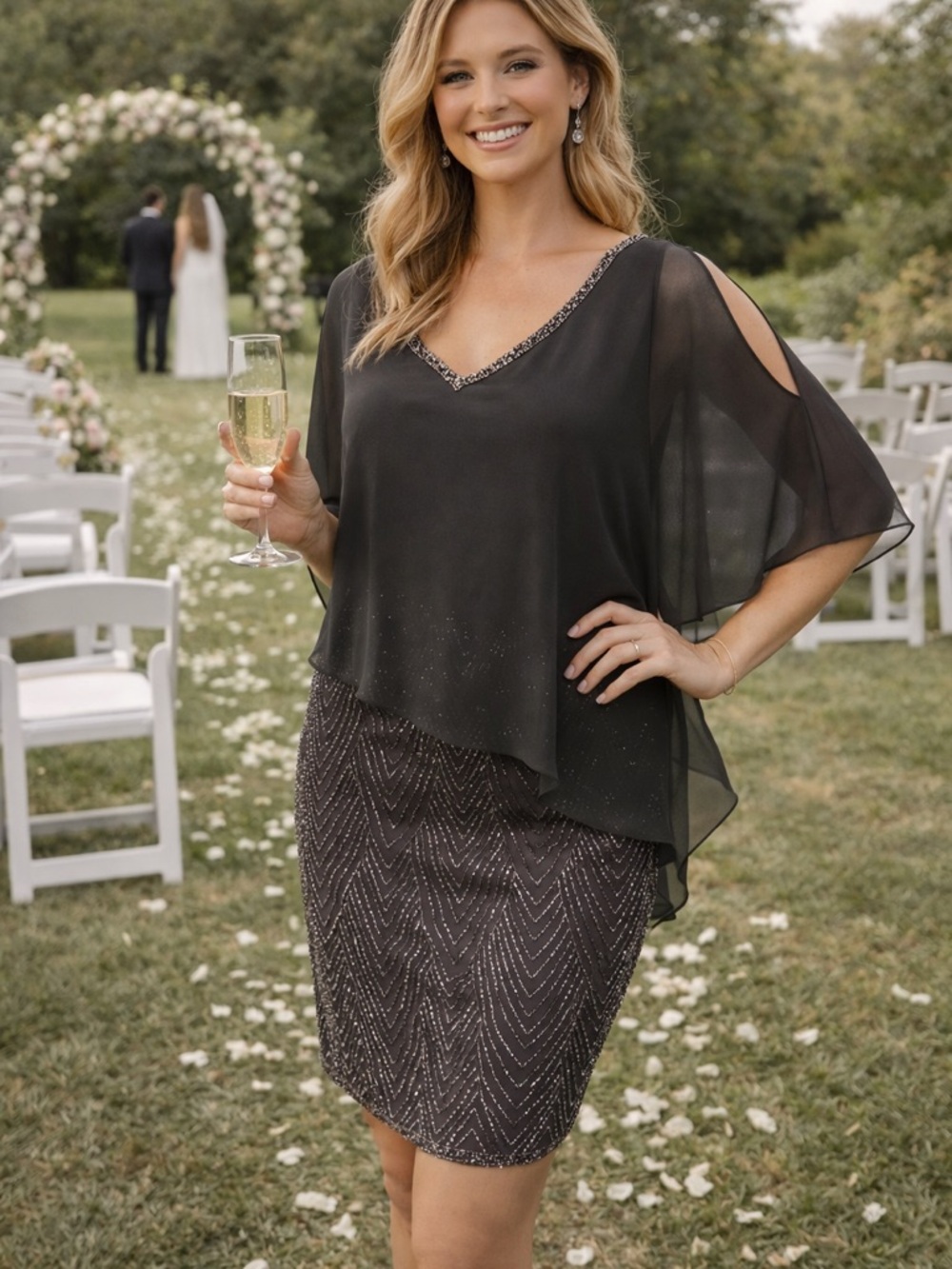 J Kara Black Beaded Sheath Dress with Chiffon Overlay